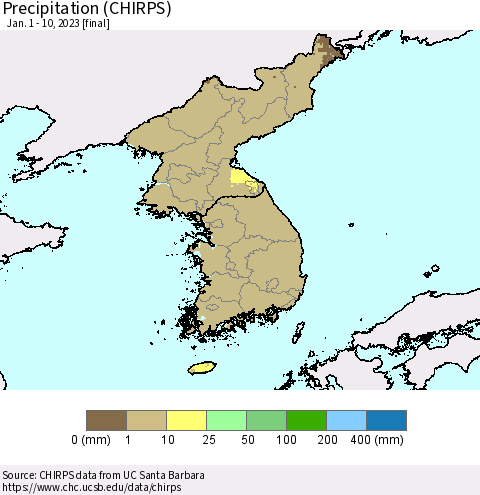 Korea Precipitation (CHIRPS) Thematic Map For 1/1/2023 - 1/10/2023