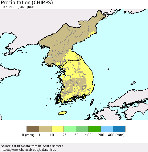 Korea Precipitation (CHIRPS) Thematic Map For 1/21/2023 - 1/31/2023