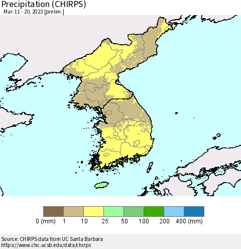 Korea Precipitation (CHIRPS) Thematic Map For 3/11/2023 - 3/20/2023
