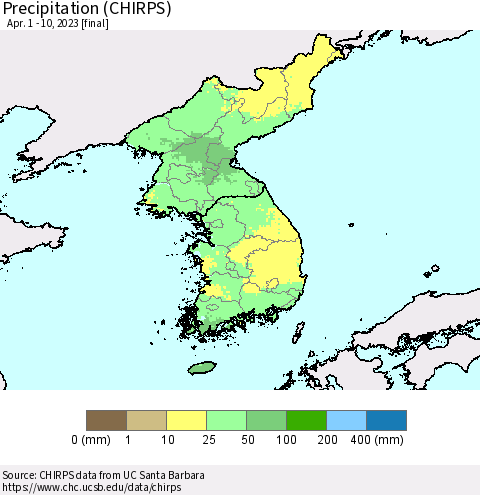 Korea Precipitation (CHIRPS) Thematic Map For 4/1/2023 - 4/10/2023