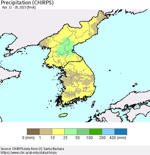 Korea Precipitation (CHIRPS) Thematic Map For 4/11/2023 - 4/20/2023