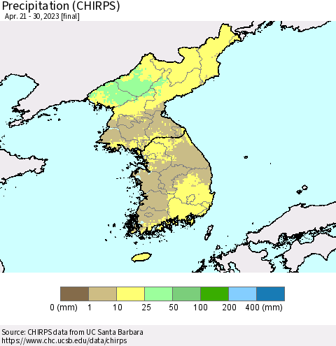Korea Precipitation (CHIRPS) Thematic Map For 4/21/2023 - 4/30/2023