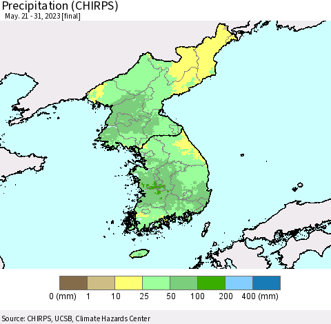 Korea Precipitation (CHIRPS) Thematic Map For 5/21/2023 - 5/31/2023