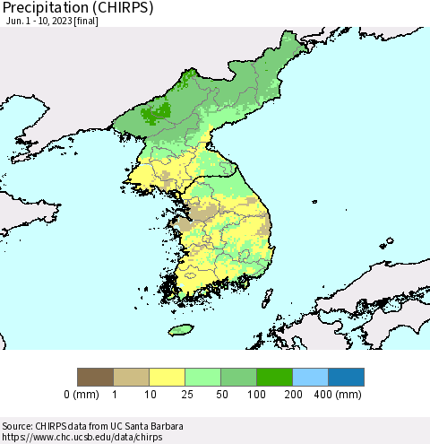 Korea Precipitation (CHIRPS) Thematic Map For 6/1/2023 - 6/10/2023