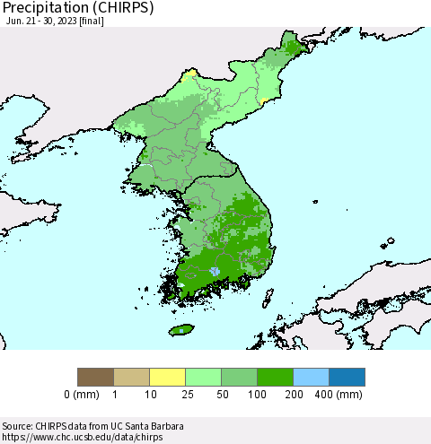 Korea Precipitation (CHIRPS) Thematic Map For 6/21/2023 - 6/30/2023