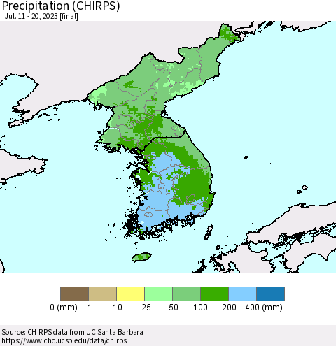Korea Precipitation (CHIRPS) Thematic Map For 7/11/2023 - 7/20/2023