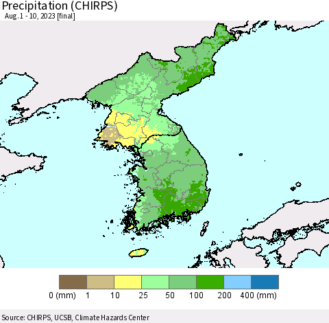 Korea Precipitation (CHIRPS) Thematic Map For 8/1/2023 - 8/10/2023
