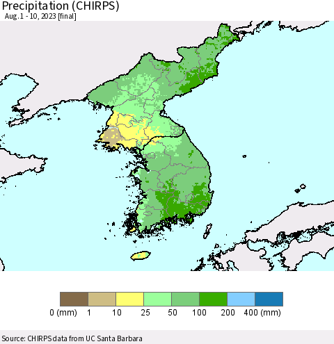 Korea Precipitation (CHIRPS) Thematic Map For 8/1/2023 - 8/10/2023