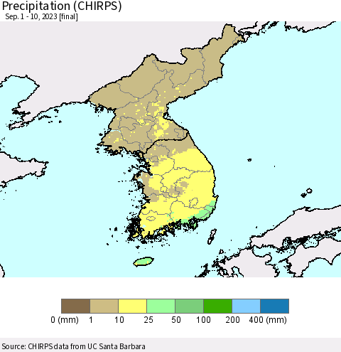 Korea Precipitation (CHIRPS) Thematic Map For 9/1/2023 - 9/10/2023