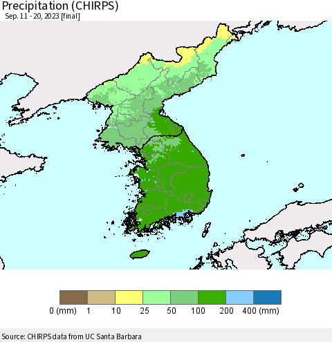 Korea Precipitation (CHIRPS) Thematic Map For 9/11/2023 - 9/20/2023