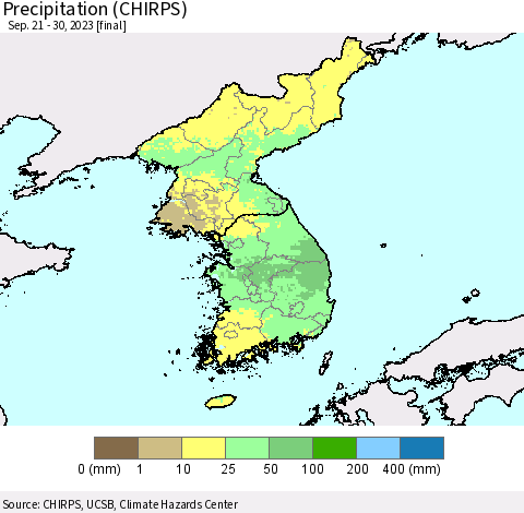 Korea Precipitation (CHIRPS) Thematic Map For 9/21/2023 - 9/30/2023