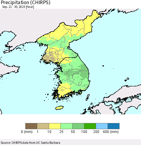 Korea Precipitation (CHIRPS) Thematic Map For 9/21/2023 - 9/30/2023