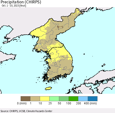 Korea Precipitation (CHIRPS) Thematic Map For 10/1/2023 - 10/10/2023