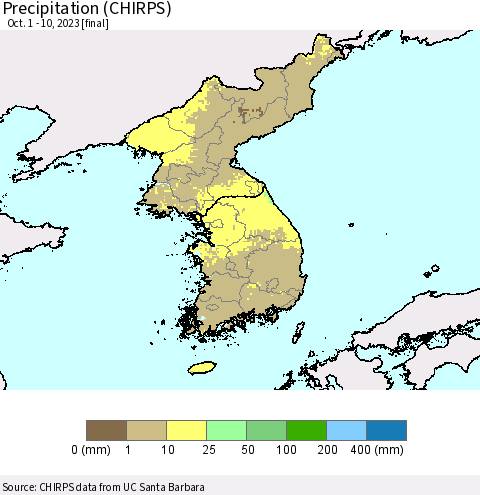 Korea Precipitation (CHIRPS) Thematic Map For 10/1/2023 - 10/10/2023