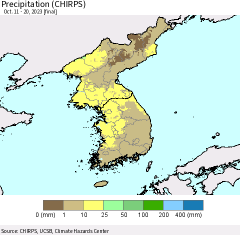 Korea Precipitation (CHIRPS) Thematic Map For 10/11/2023 - 10/20/2023