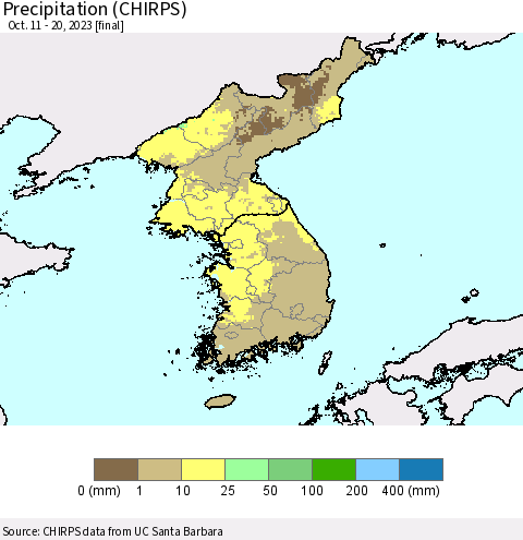 Korea Precipitation (CHIRPS) Thematic Map For 10/11/2023 - 10/20/2023
