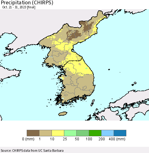 Korea Precipitation (CHIRPS) Thematic Map For 10/21/2023 - 10/31/2023