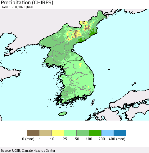 Korea Precipitation (CHIRPS) Thematic Map For 11/1/2023 - 11/10/2023