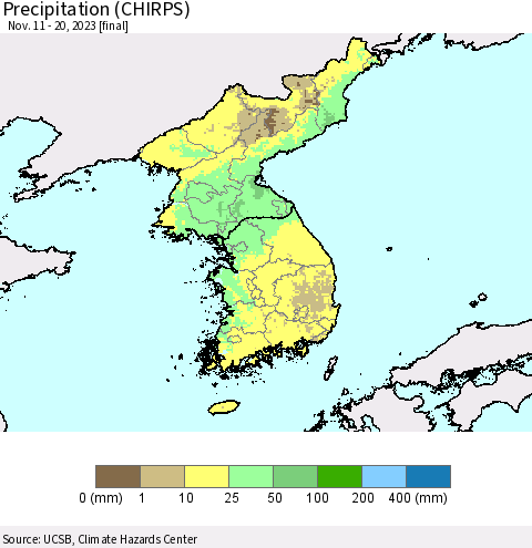 Korea Precipitation (CHIRPS) Thematic Map For 11/11/2023 - 11/20/2023