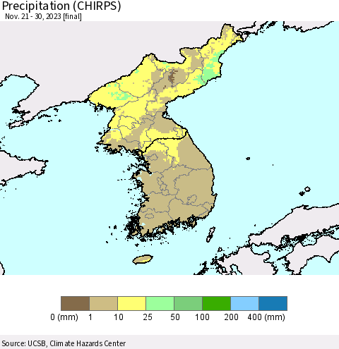 Korea Precipitation (CHIRPS) Thematic Map For 11/21/2023 - 11/30/2023