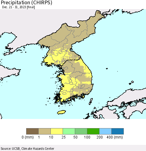 Korea Precipitation (CHIRPS) Thematic Map For 12/21/2023 - 12/31/2023