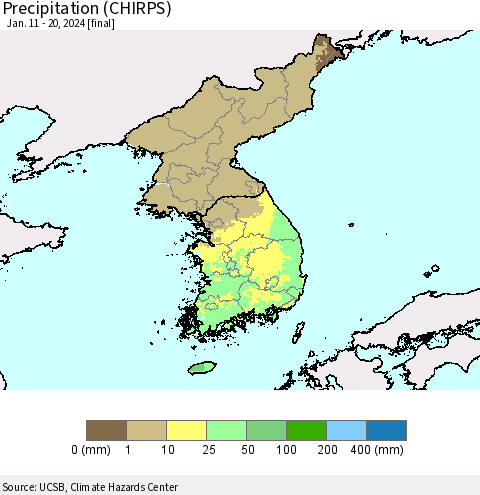 Korea Precipitation (CHIRPS) Thematic Map For 1/11/2024 - 1/20/2024