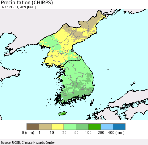 Korea Precipitation (CHIRPS) Thematic Map For 3/21/2024 - 3/31/2024