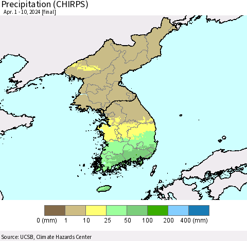 Korea Precipitation (CHIRPS) Thematic Map For 4/1/2024 - 4/10/2024