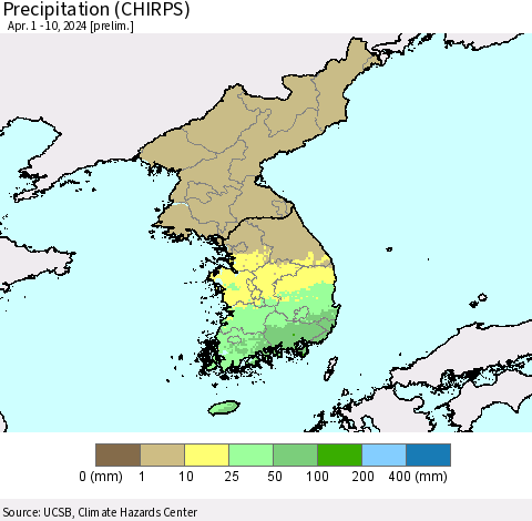 Korea Precipitation (CHIRPS) Thematic Map For 4/1/2024 - 4/10/2024
