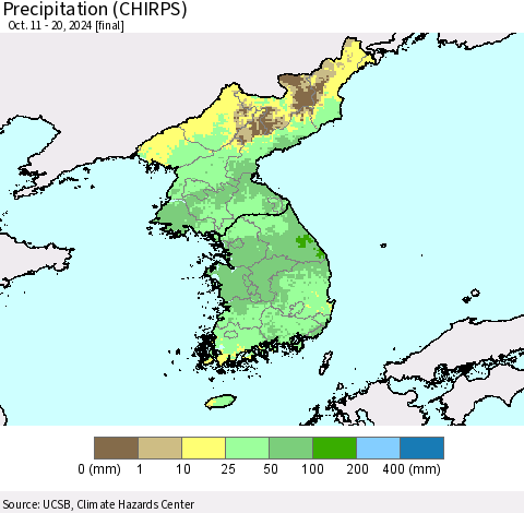 Korea Precipitation (CHIRPS) Thematic Map For 10/11/2024 - 10/20/2024