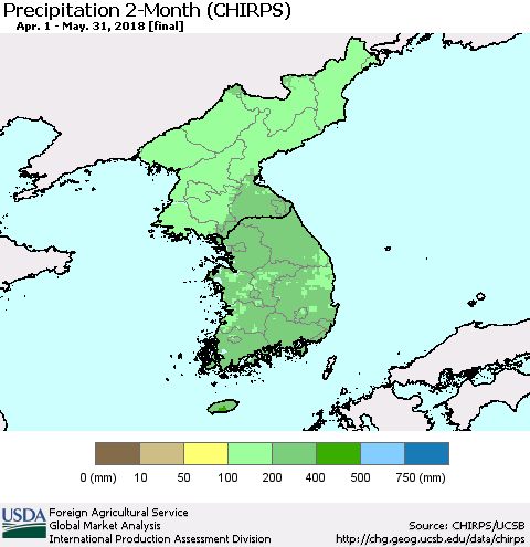 Korea Precipitation 2-Month (CHIRPS) Thematic Map For 4/1/2018 - 5/31/2018