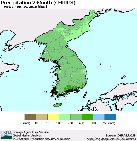 Korea Precipitation 2-Month (CHIRPS) Thematic Map For 5/1/2018 - 6/30/2018