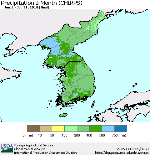 Korea Precipitation 2-Month (CHIRPS) Thematic Map For 6/1/2018 - 7/31/2018