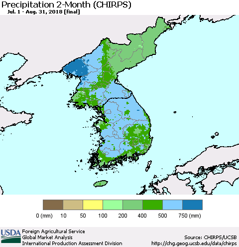 Korea Precipitation 2-Month (CHIRPS) Thematic Map For 7/1/2018 - 8/31/2018