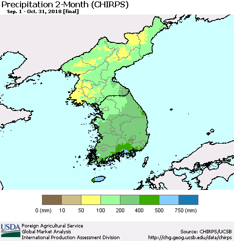 Korea Precipitation 2-Month (CHIRPS) Thematic Map For 9/1/2018 - 10/31/2018