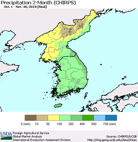 Korea Precipitation 2-Month (CHIRPS) Thematic Map For 10/1/2018 - 11/30/2018