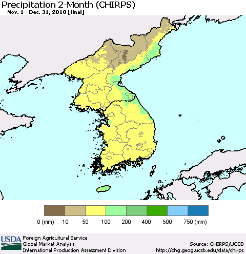 Korea Precipitation 2-Month (CHIRPS) Thematic Map For 11/1/2018 - 12/31/2018