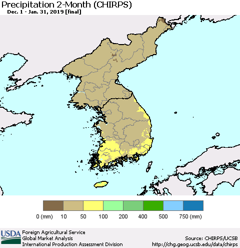 Korea Precipitation 2-Month (CHIRPS) Thematic Map For 12/1/2018 - 1/31/2019