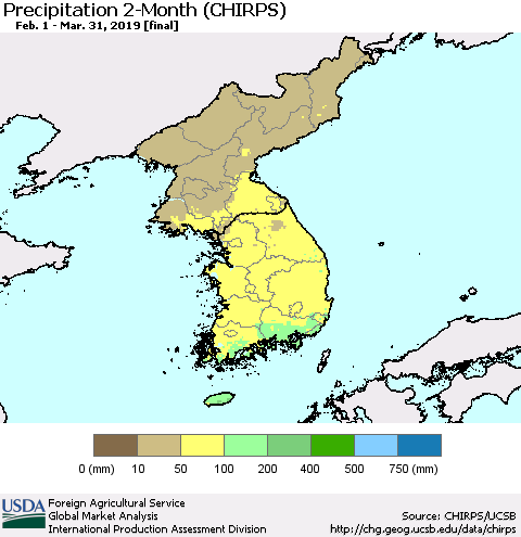 Korea Precipitation 2-Month (CHIRPS) Thematic Map For 2/1/2019 - 3/31/2019