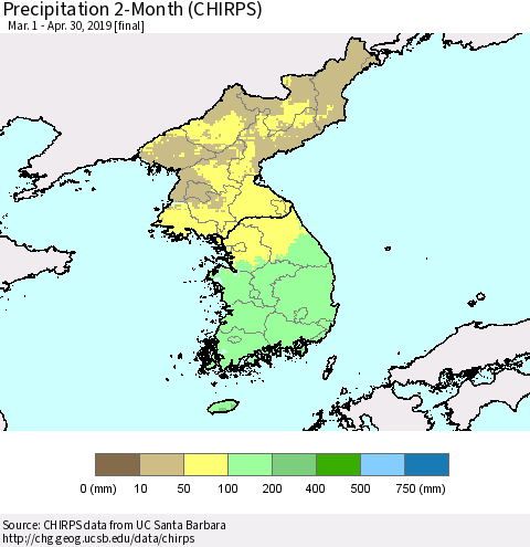 Korea Precipitation 2-Month (CHIRPS) Thematic Map For 3/1/2019 - 4/30/2019