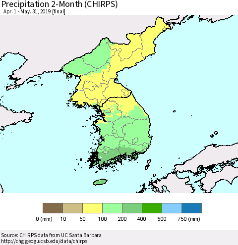 Korea Precipitation 2-Month (CHIRPS) Thematic Map For 4/1/2019 - 5/31/2019