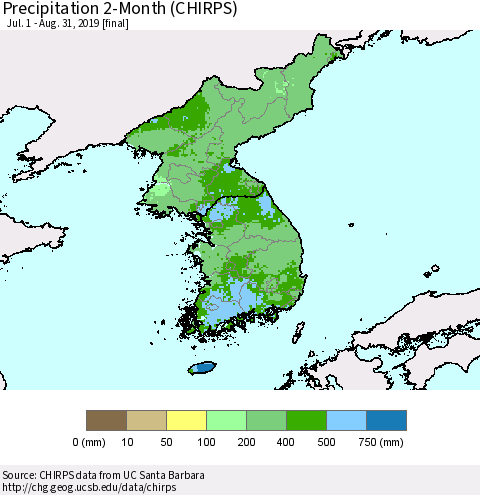 Korea Precipitation 2-Month (CHIRPS) Thematic Map For 7/1/2019 - 8/31/2019