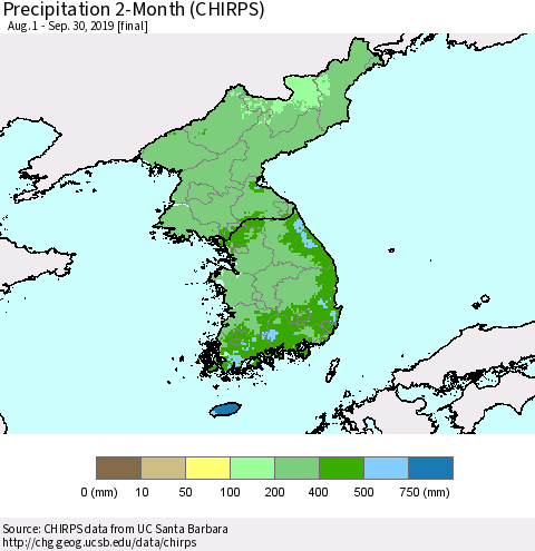 Korea Precipitation 2-Month (CHIRPS) Thematic Map For 8/1/2019 - 9/30/2019