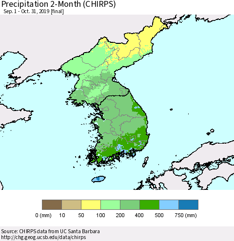 Korea Precipitation 2-Month (CHIRPS) Thematic Map For 9/1/2019 - 10/31/2019