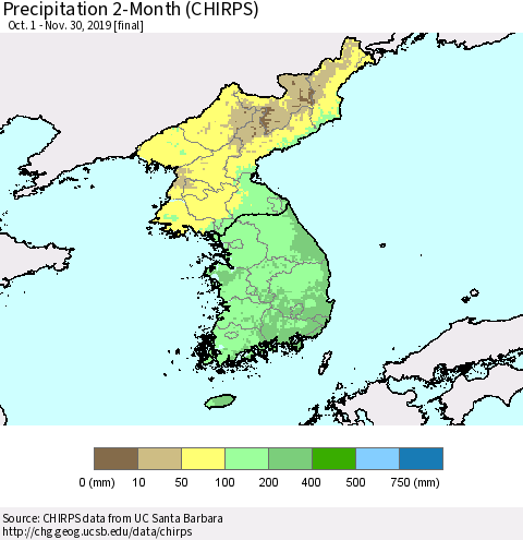 Korea Precipitation 2-Month (CHIRPS) Thematic Map For 10/1/2019 - 11/30/2019