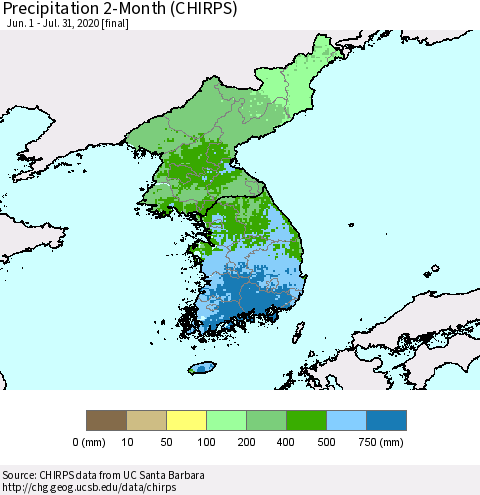 Korea Precipitation 2-Month (CHIRPS) Thematic Map For 6/1/2020 - 7/31/2020