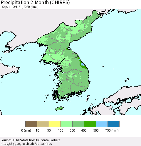 Korea Precipitation 2-Month (CHIRPS) Thematic Map For 9/1/2020 - 10/31/2020
