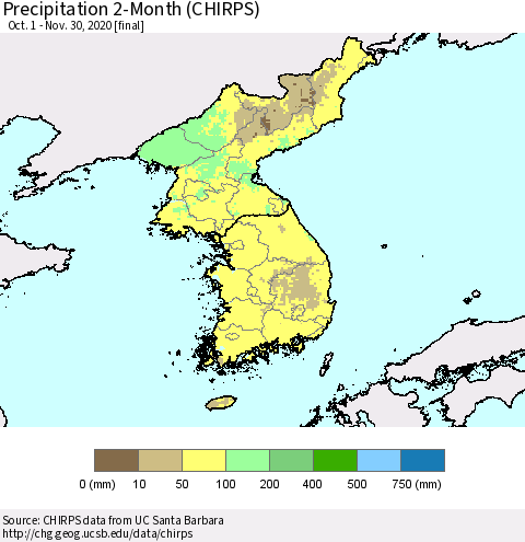 Korea Precipitation 2-Month (CHIRPS) Thematic Map For 10/1/2020 - 11/30/2020