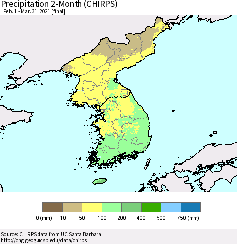 Korea Precipitation 2-Month (CHIRPS) Thematic Map For 2/1/2021 - 3/31/2021