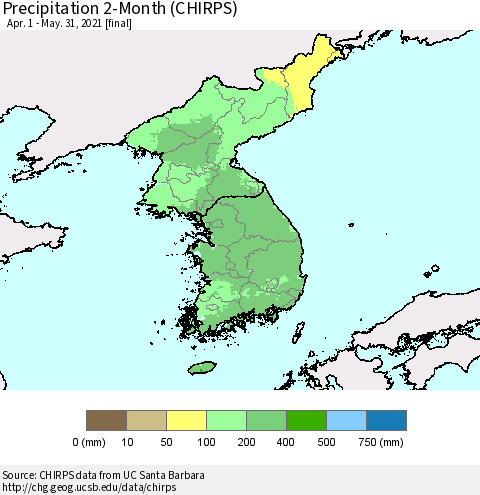 Korea Precipitation 2-Month (CHIRPS) Thematic Map For 4/1/2021 - 5/31/2021